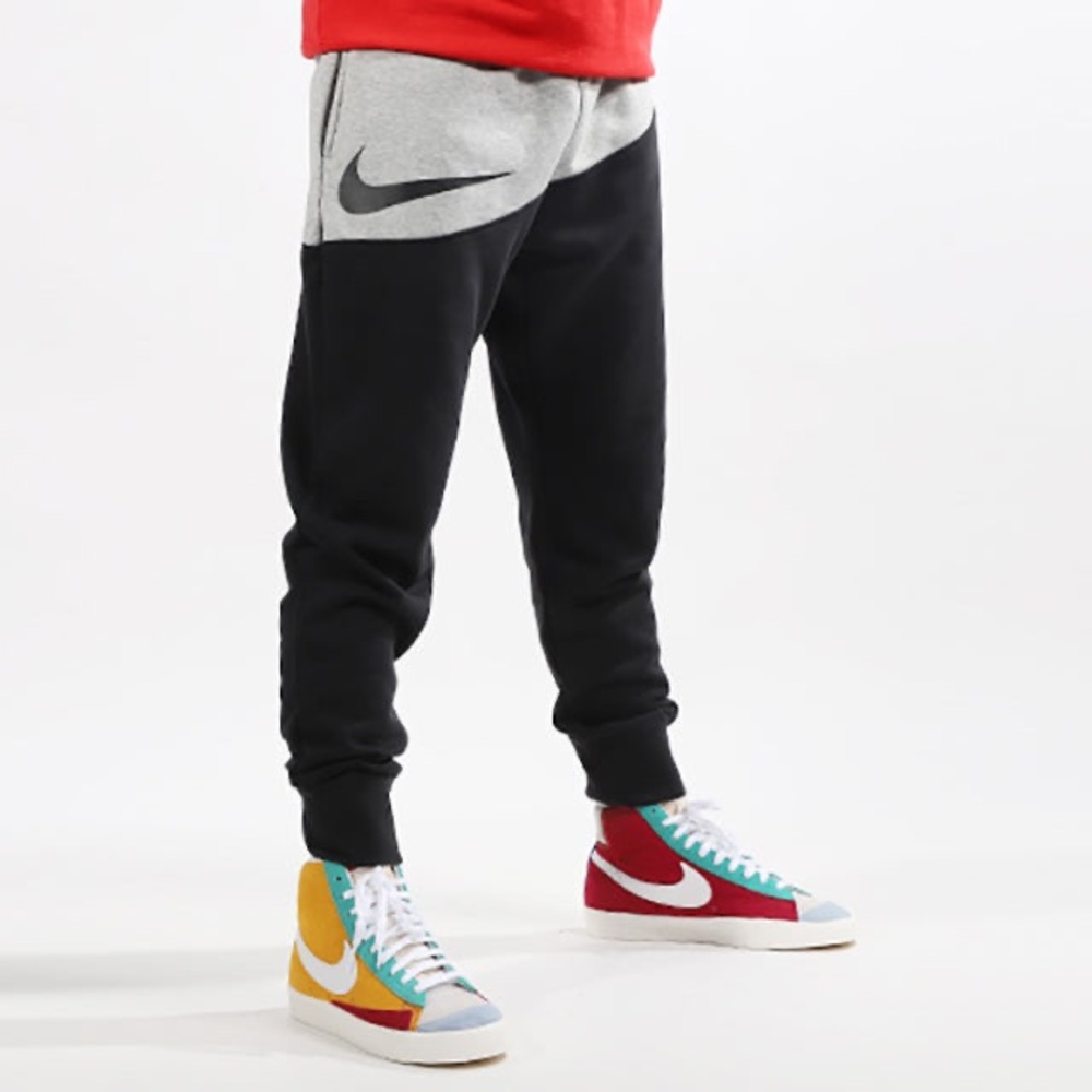 Nike Men's Swoosh Splicing Casual Pants/Joggers Black Gray Colorblock in Medium